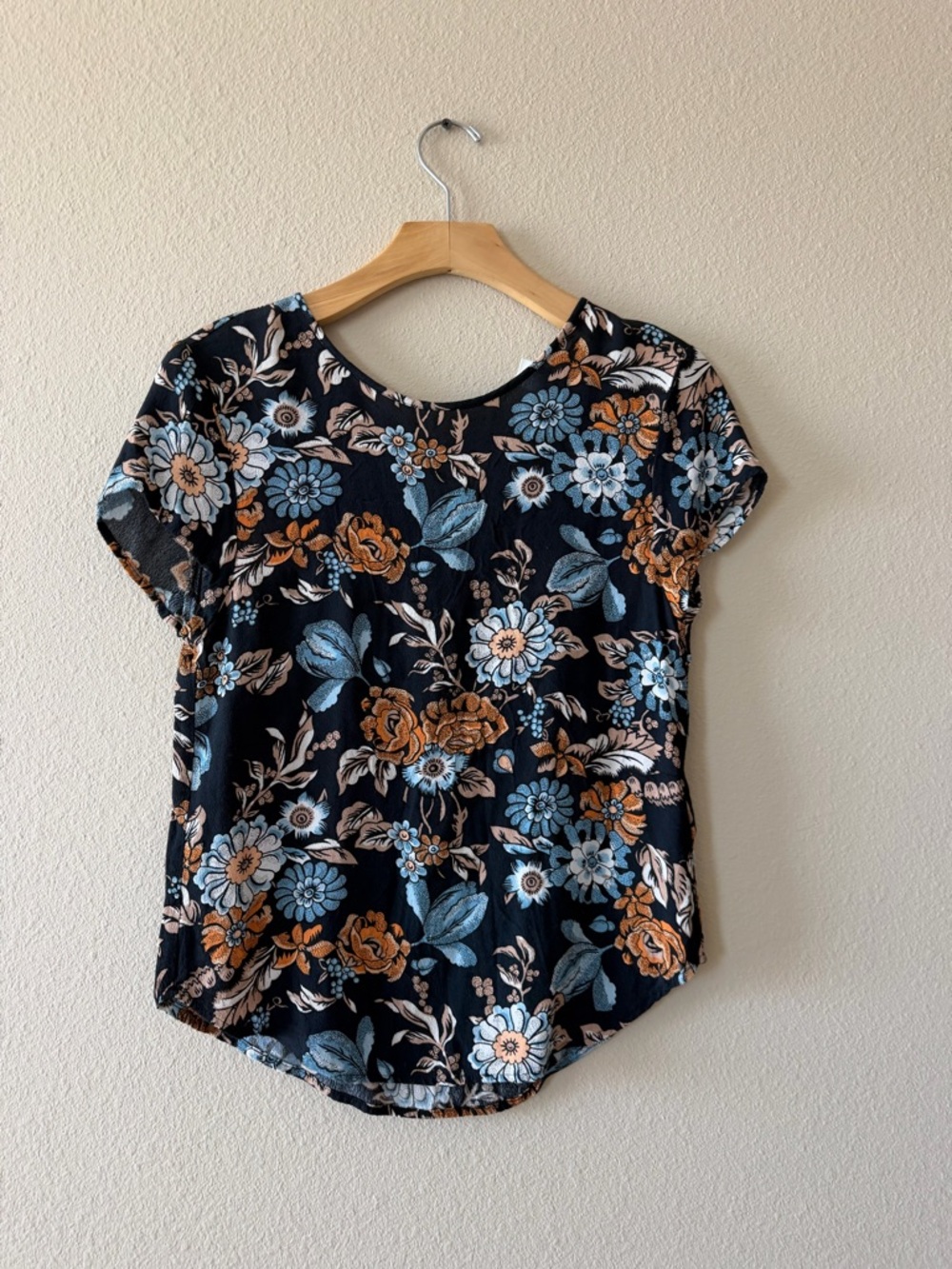H&M Black Short Sleeve Floral Tee with Blue & Brown Blooms